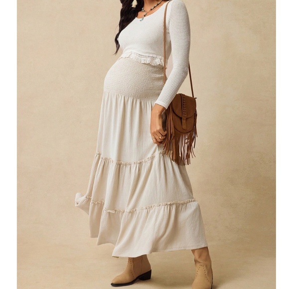 Maternity Waffle Cropped Long Sleeve Top Maxi Skirt Set - Picture 1 of 6